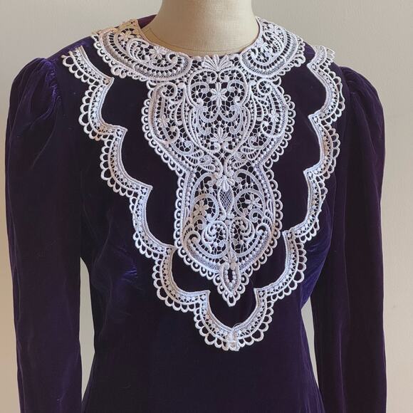 VTG Jessica McClintock Womens 12 Midi Dress Purple Velvet Lace Collar Trim 80's - Picture 1 of 16